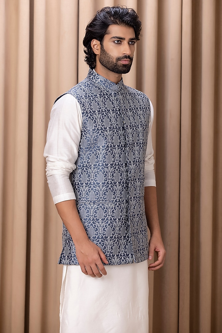Cerulean Blue Cotton Silk Machine Embroidered Nehru Jacket Set by Ankit V Kapoor at Pernia's Pop Up Shop