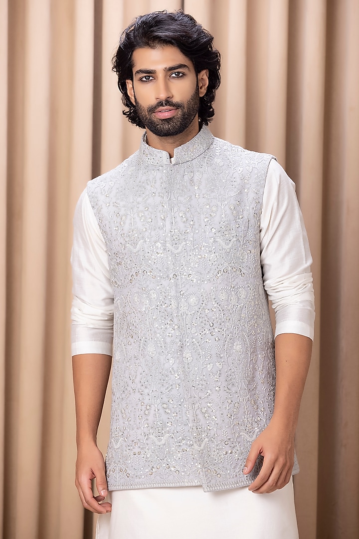 Steel Grey Embroidered Nehru Jacket by Ankit V Kapoor