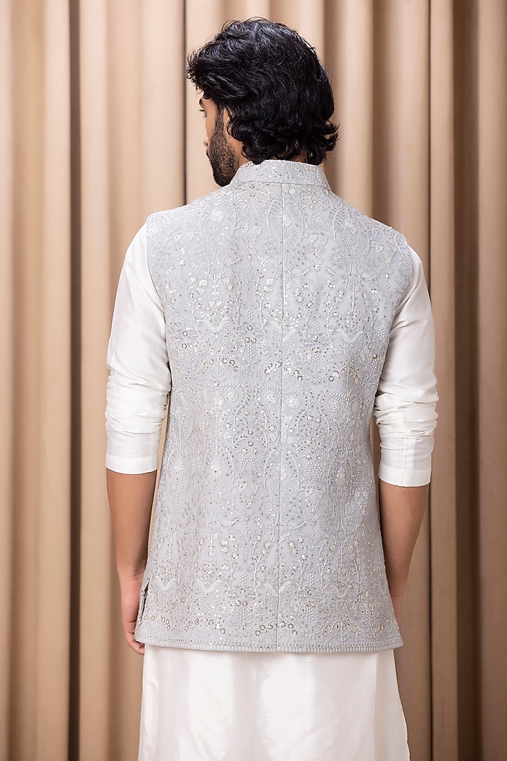 Steel Grey Pure Georgette Sequins Machine Embroidered Nehru Jacket by Ankit V Kapoor at Pernia's Pop Up Shop
