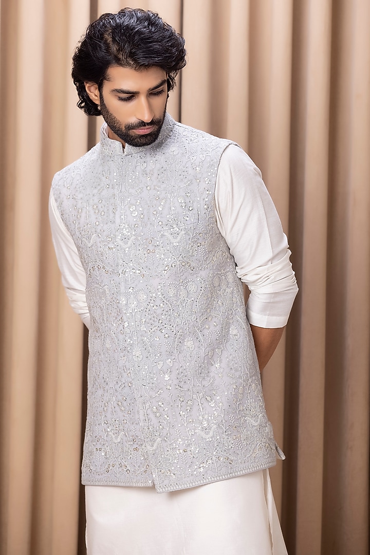 Steel Grey Pure Georgette Sequins Machine Embroidered Nehru Jacket by Ankit V Kapoor at Pernia's Pop Up Shop
