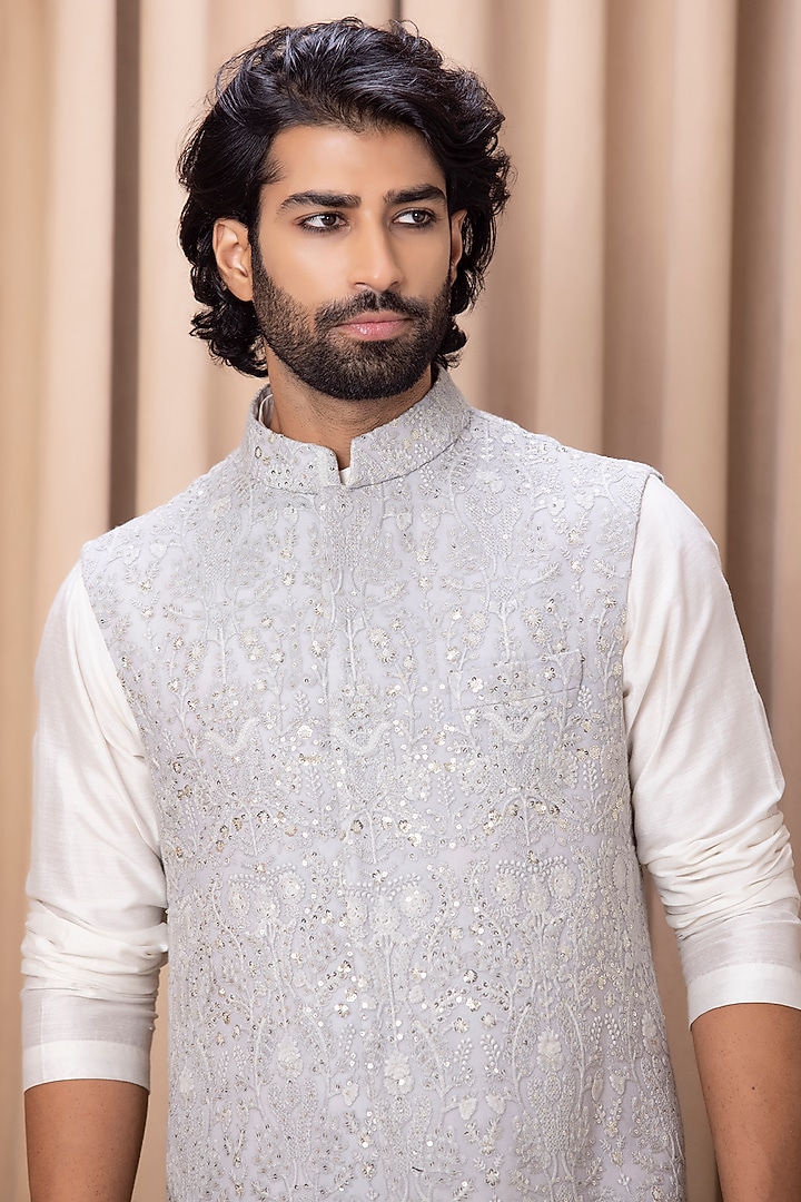 Steel Grey Pure Georgette Sequins Machine Embroidered Nehru Jacket by Ankit V Kapoor at Pernia's Pop Up Shop