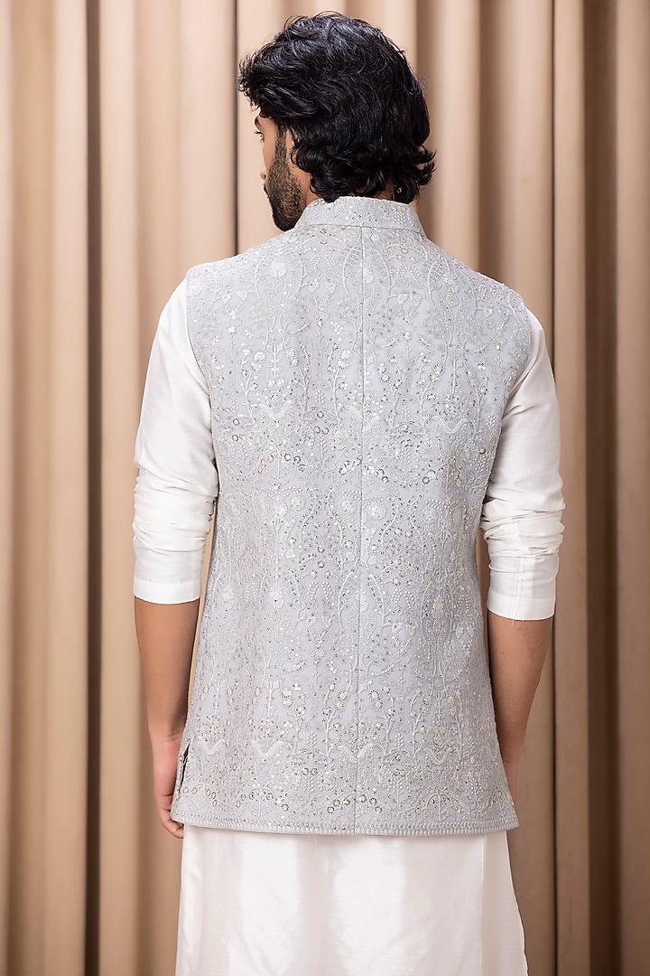 Steel Grey Embroidered Nehru Jacket With Kurta Set by Ankit V Kapoor at Pernia's Pop Up Shop