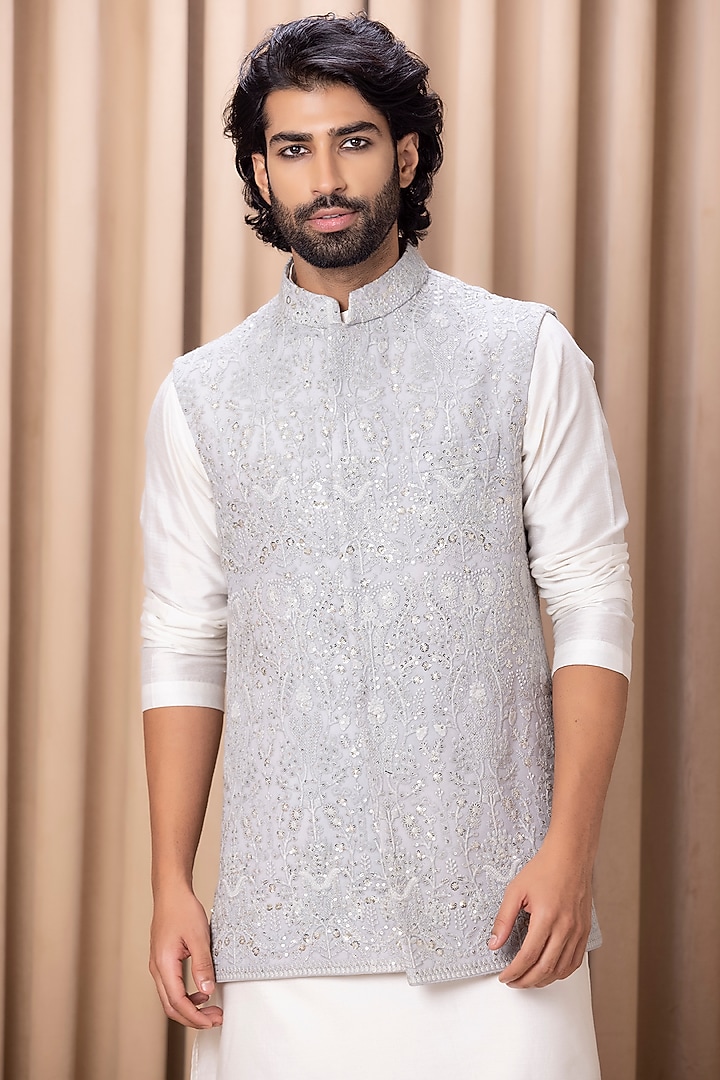 Steel Grey Embroidered Nehru Jacket With Kurta Set by Ankit V Kapoor at Pernia's Pop Up Shop