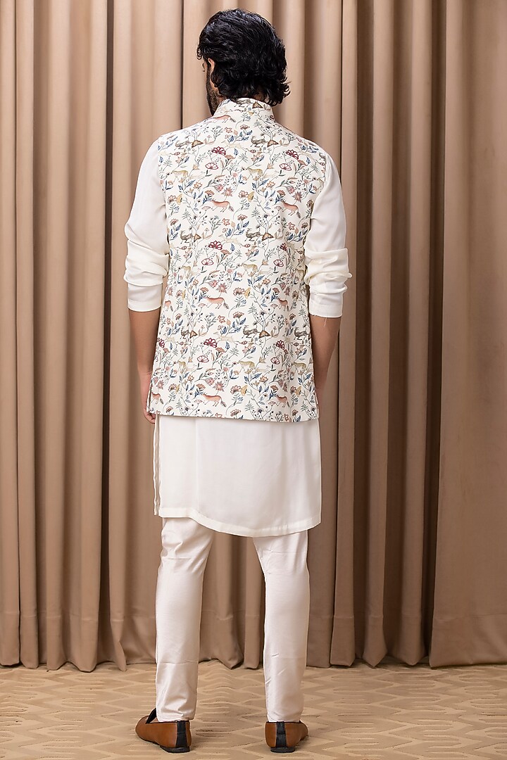 Ivory Cotton Silk Handpainted Digital Printed Nehru Jacket by Ankit V Kapoor at Pernia's Pop Up Shop
