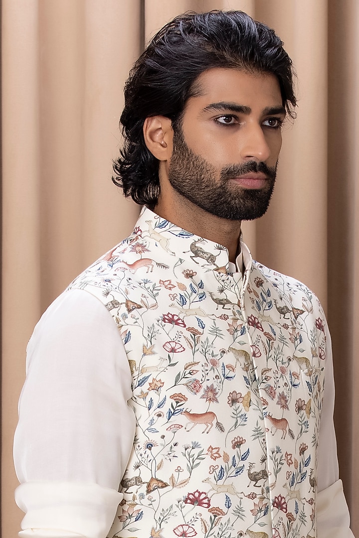 Ivory Cotton Silk Handpainted Digital Printed Nehru Jacket by Ankit V Kapoor at Pernia's Pop Up Shop