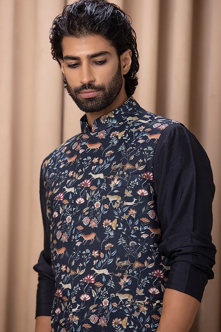 Blue Cotton Silk Digital Printed Nehru Jacket by Ankit V Kapoor at Pernia's Pop Up Shop