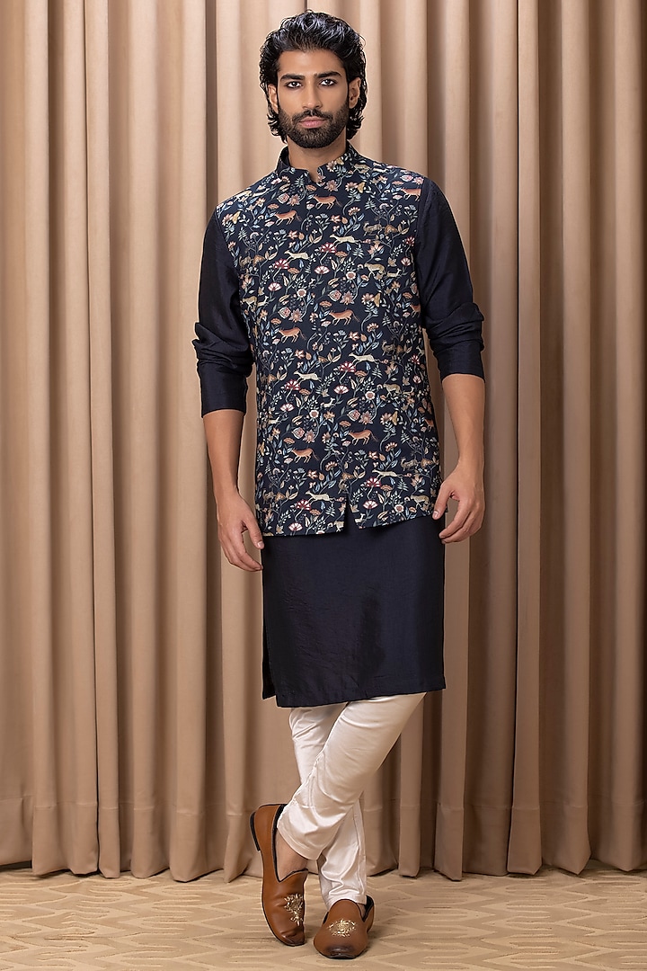 Blue Printed Nehru Jacket With Kurta Set by Ankit V Kapoor