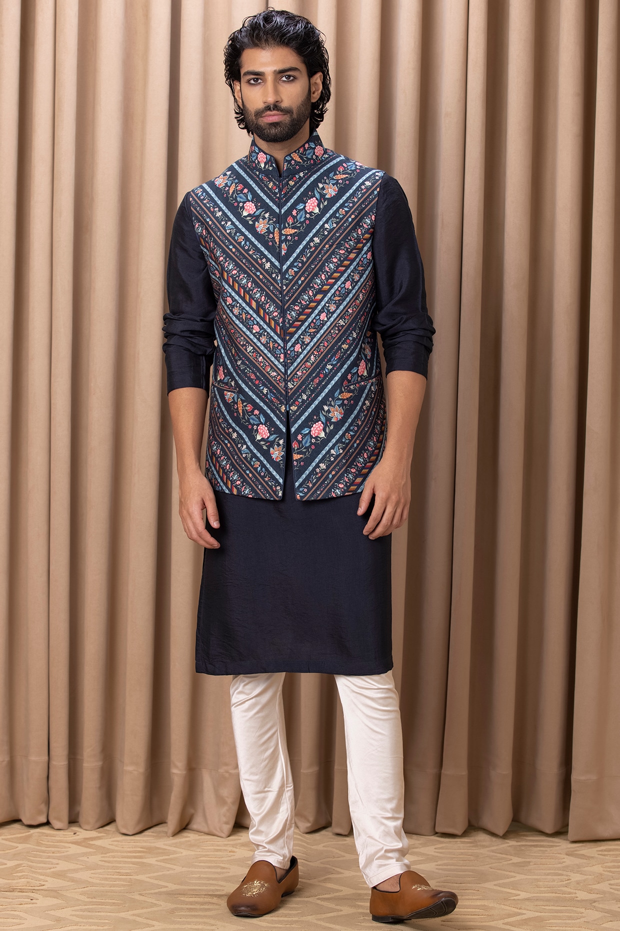 Men's Beige Printed Nehru Jacket - Sojanya | Nehru jackets, Beige, Jackets