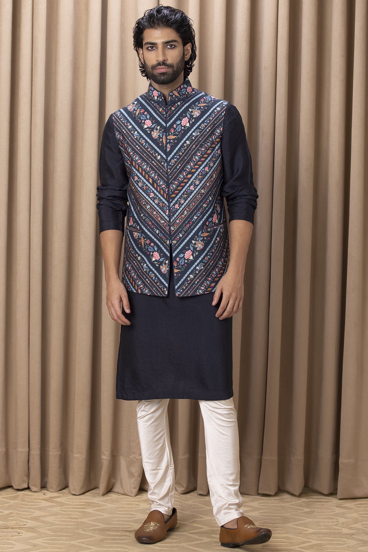 Navy Blue Cotton Silk Digital Printed Nehru Jacket Set by Ankit V Kapoor at Pernia's Pop Up Shop