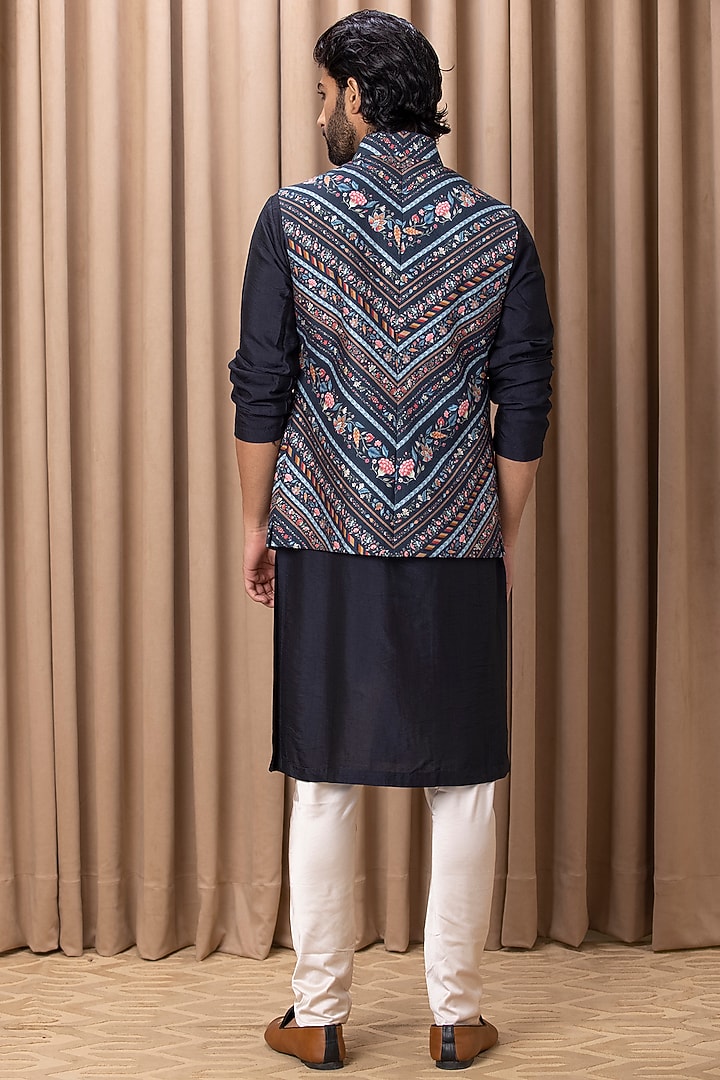 Navy Blue Cotton Silk Digital Printed Nehru Jacket Set by Ankit V Kapoor at Pernia's Pop Up Shop