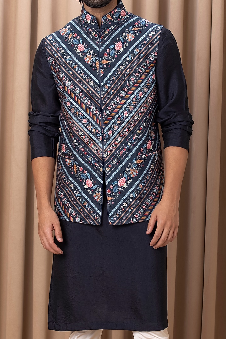 Navy Blue Cotton Silk Digital Printed Nehru Jacket Set by Ankit V Kapoor at Pernia's Pop Up Shop