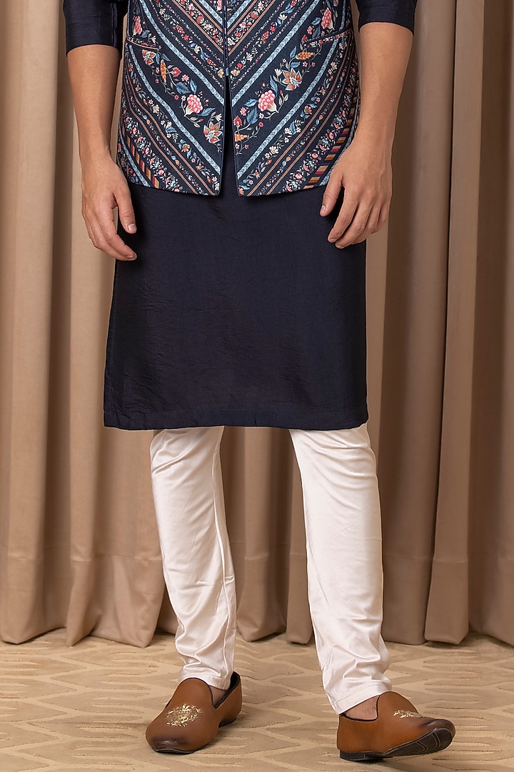 Navy Blue Cotton Silk Digital Printed Nehru Jacket Set by Ankit V Kapoor at Pernia's Pop Up Shop