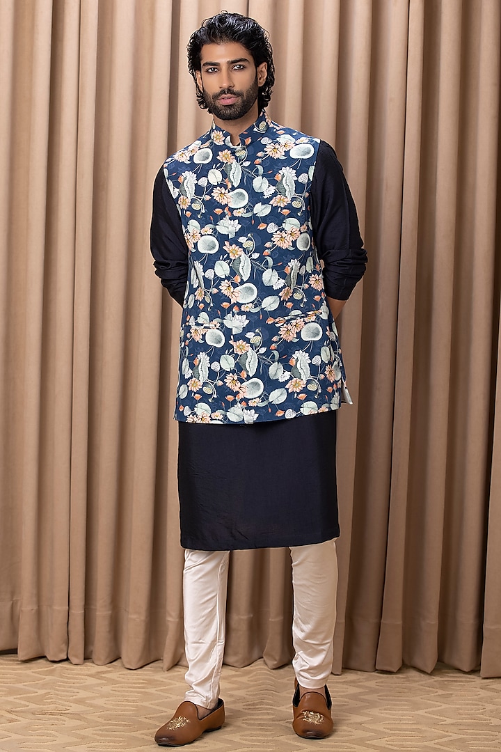 Blue Printed Nehru Jacket With Kurta Set by Ankit V Kapoor