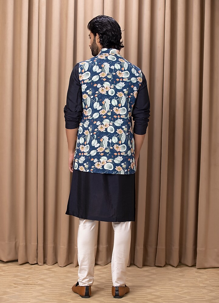 Blue Printed Nehru Jacket With Kurta Set by Ankit V Kapoor at Pernia's Pop Up Shop