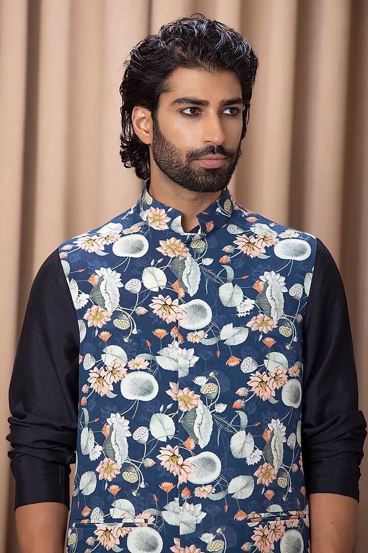 Blue Printed Nehru Jacket With Kurta Set by Ankit V Kapoor at Pernia's Pop Up Shop