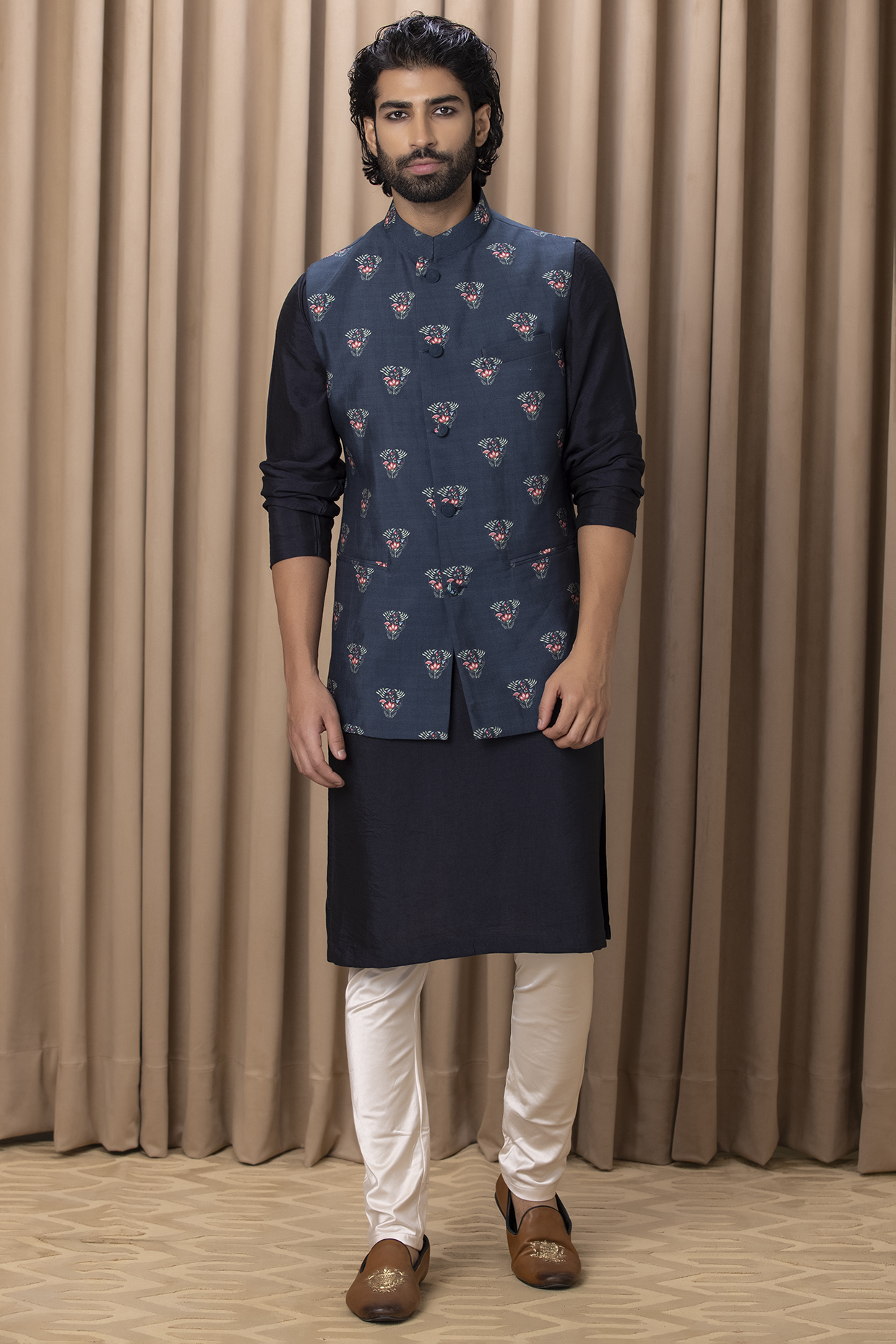 Blue Cotton Silk Digital Printed Nehru Jacket Set by Ankit V Kapoor at Pernia's Pop Up Shop