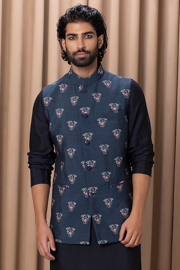 Blue Cotton Silk Digital Printed Nehru Jacket Set by Ankit V Kapoor at Pernia's Pop Up Shop