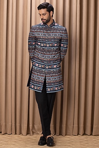 Navy Printed Indowestern Jacket Set by Ankit V Kapoor
