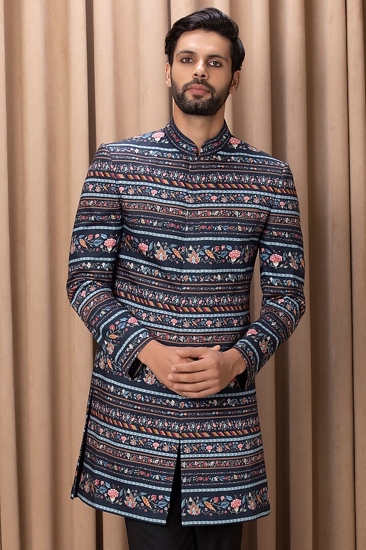Navy Printed Wedding Indowestern Jacket Set by Ankit V Kapoor at Pernia's Pop Up Shop