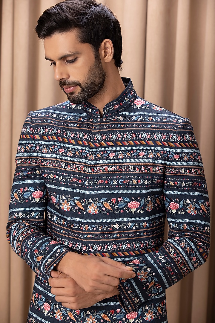 Navy Printed Wedding Indowestern Jacket Set by Ankit V Kapoor at Pernia's Pop Up Shop