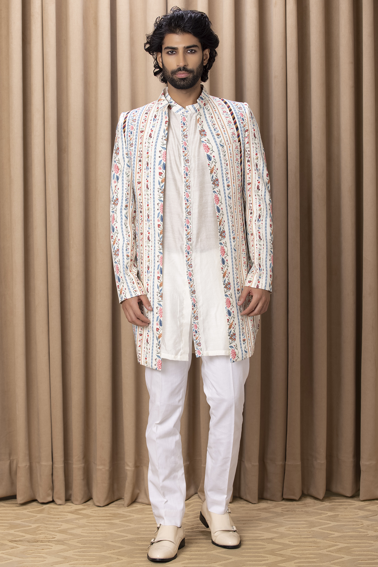 Off-White Printed Indowestern Jacket Set by Ankit V Kapoor