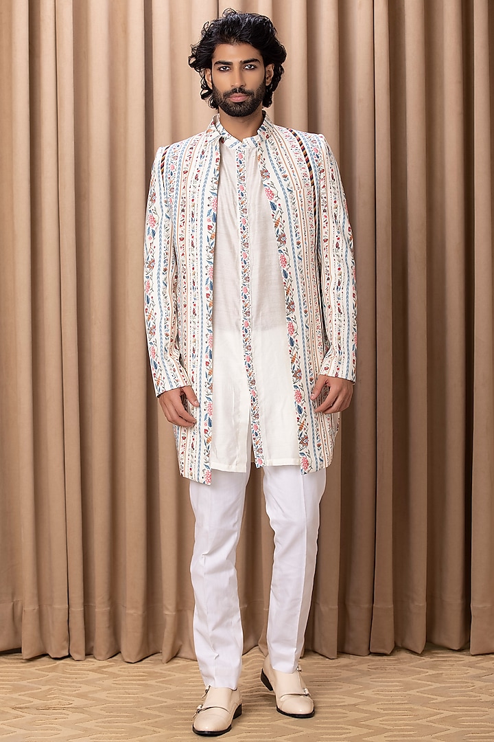 Off-White Printed Indowestern Jacket Set by Ankit V Kapoor