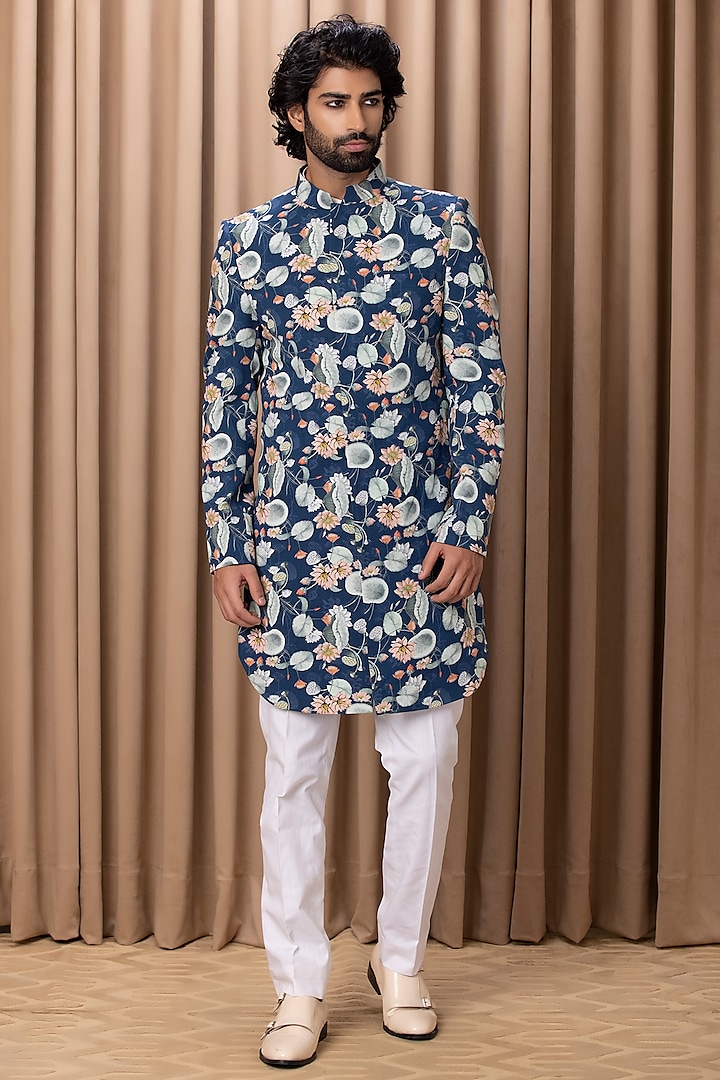 Navy Printed & Hand Painted Indowestern Jacket Set by Ankit V Kapoor