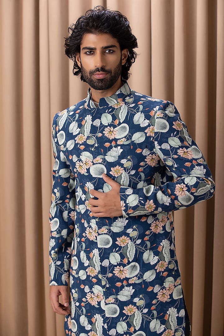 Navy Printed & Hand Painted Wedding Indowestern Jacket Set by Ankit V Kapoor at Pernia's Pop Up Shop