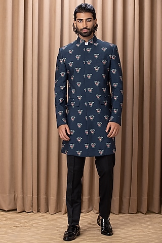 Navy Printed Indowestern Set by Ankit V Kapoor