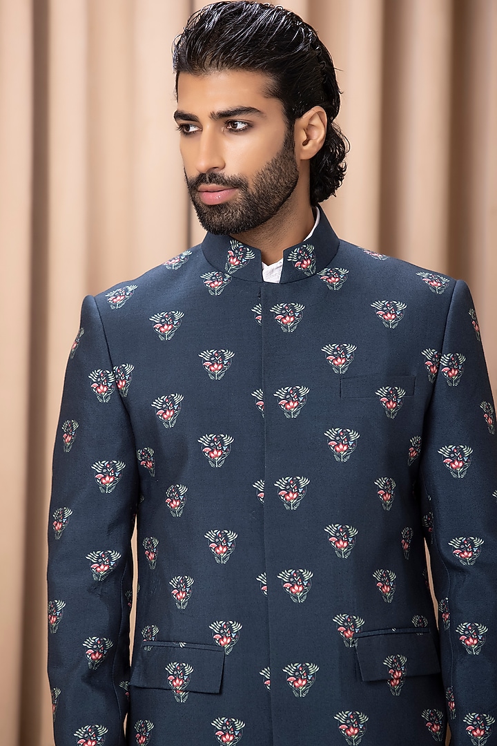 Navy Printed Wedding Indowestern Set by Ankit V Kapoor at Pernia's Pop Up Shop