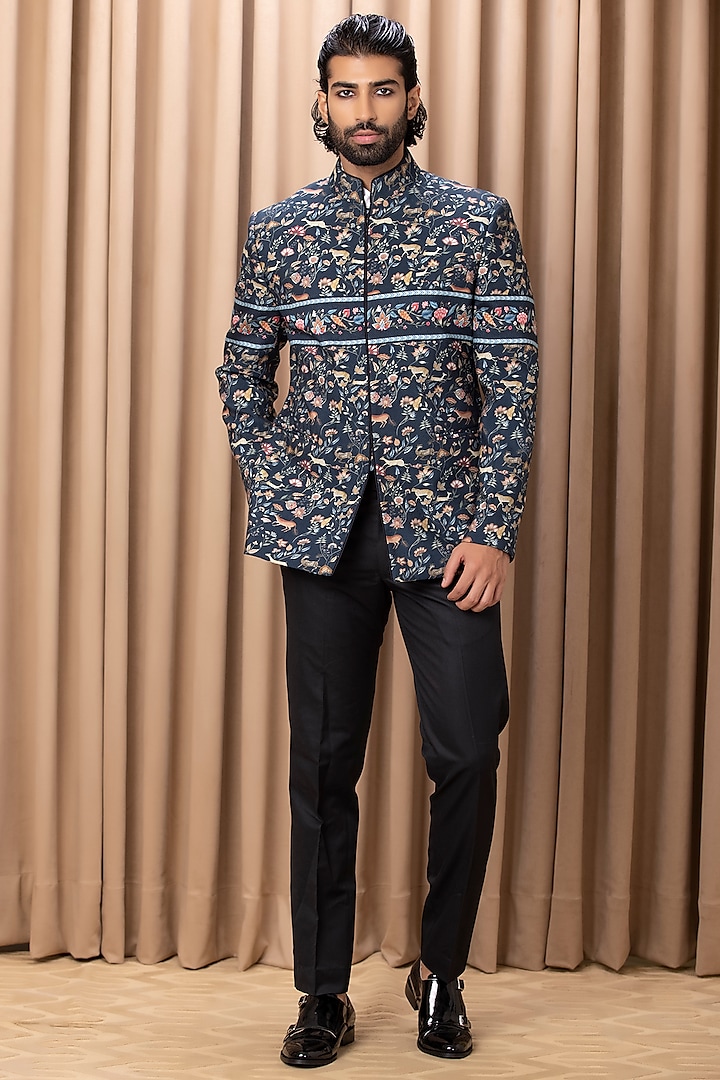 Navy Printed Bandhgala Jacket Set by Ankit V Kapoor