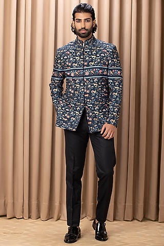 Navy Printed Bandhgala Jacket Set by Ankit V Kapoor