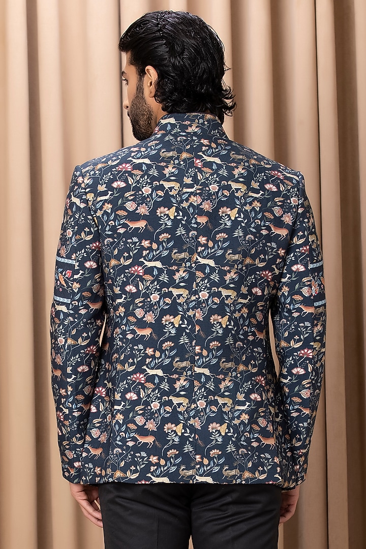 Navy Printed Wedding Bandhgala Jacket Set by Ankit V Kapoor at Pernia's Pop Up Shop