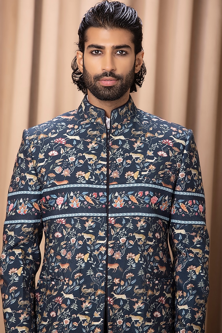 Navy Printed Wedding Bandhgala Jacket Set by Ankit V Kapoor at Pernia's Pop Up Shop