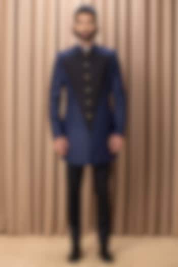 Navy Suiting Hand Embroidered Jacket Set by Ankit V Kapoor