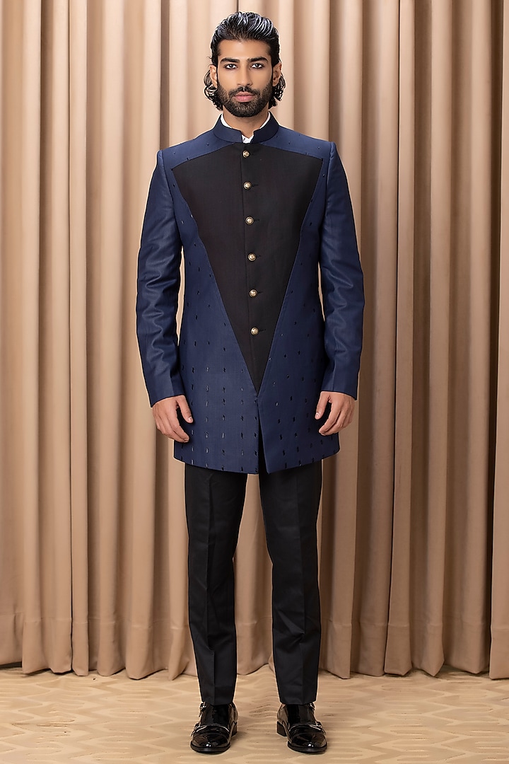 Navy Suiting Hand Embroidered Jacket Set by Ankit V Kapoor