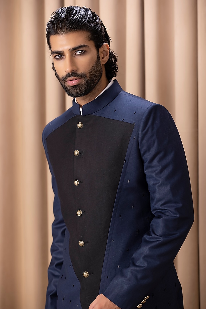 Navy Suiting Hand Embroidered Jacket Set by Ankit V Kapoor at Pernia's Pop Up Shop