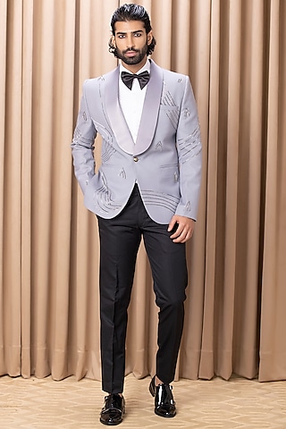Silver Grey Hand Embroidered Tuxedo Set by Ankit V Kapoor