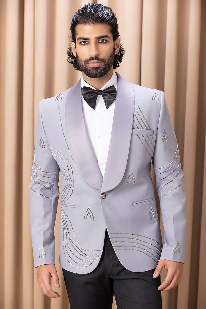 Silver Grey Hand Embroidered Tuxedo Set by Ankit V Kapoor at Pernia's Pop Up Shop