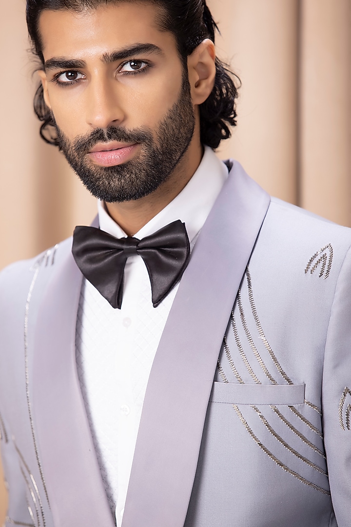 Silver Grey Hand Embroidered Tuxedo Set by Ankit V Kapoor at Pernia's Pop Up Shop