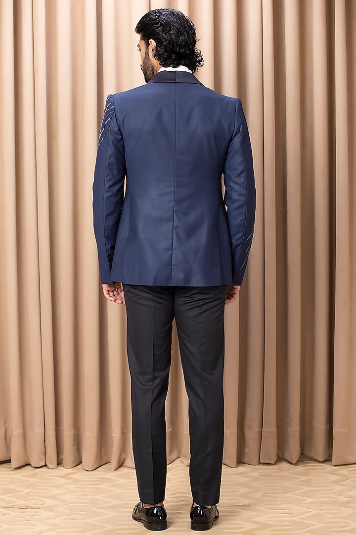 Navy Blue Hand Embroidered Tuxedo Set by Ankit V Kapoor at Pernia's Pop Up Shop