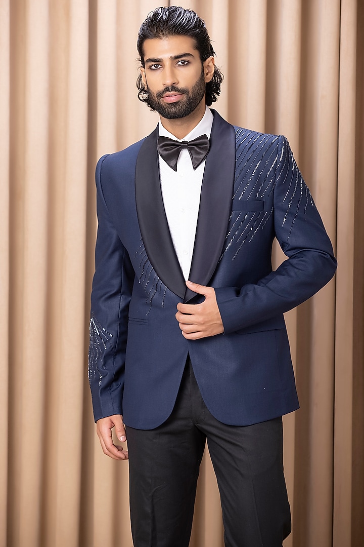 Navy Blue Hand Embroidered Tuxedo Set by Ankit V Kapoor at Pernia's Pop Up Shop