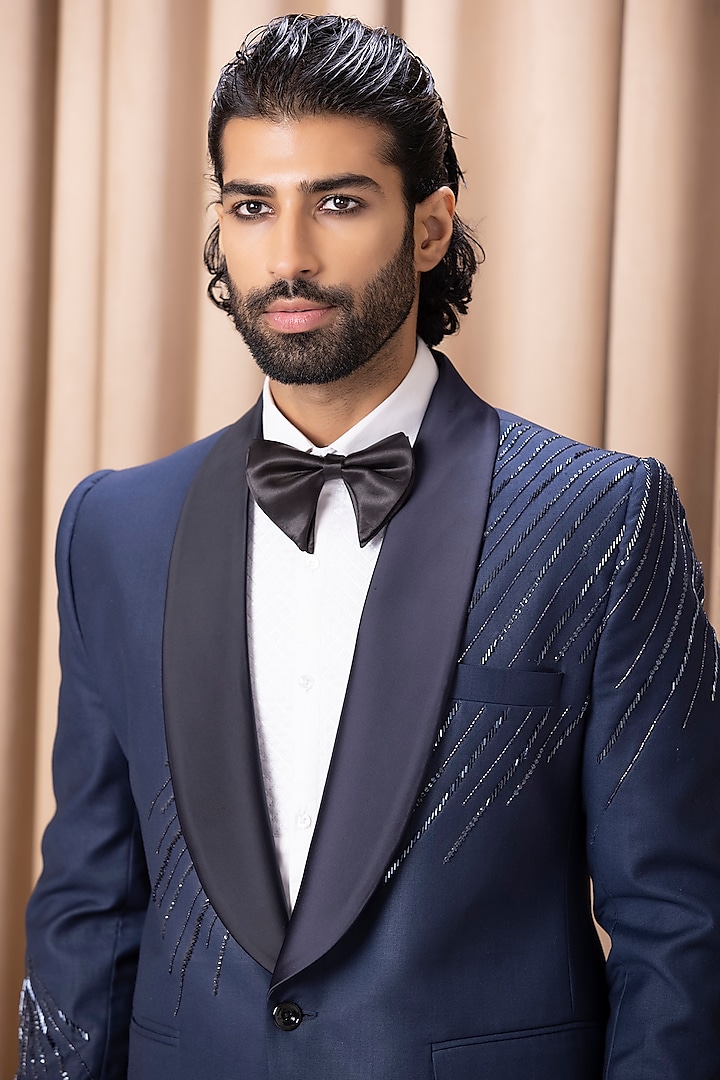 Navy Blue Hand Embroidered Tuxedo Set by Ankit V Kapoor at Pernia's Pop Up Shop