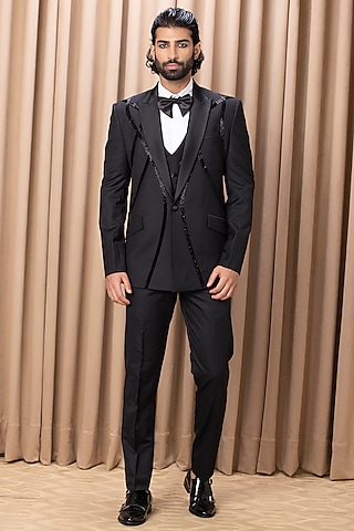 Black Hand Embroidered Tuxedo Set by Ankit V Kapoor