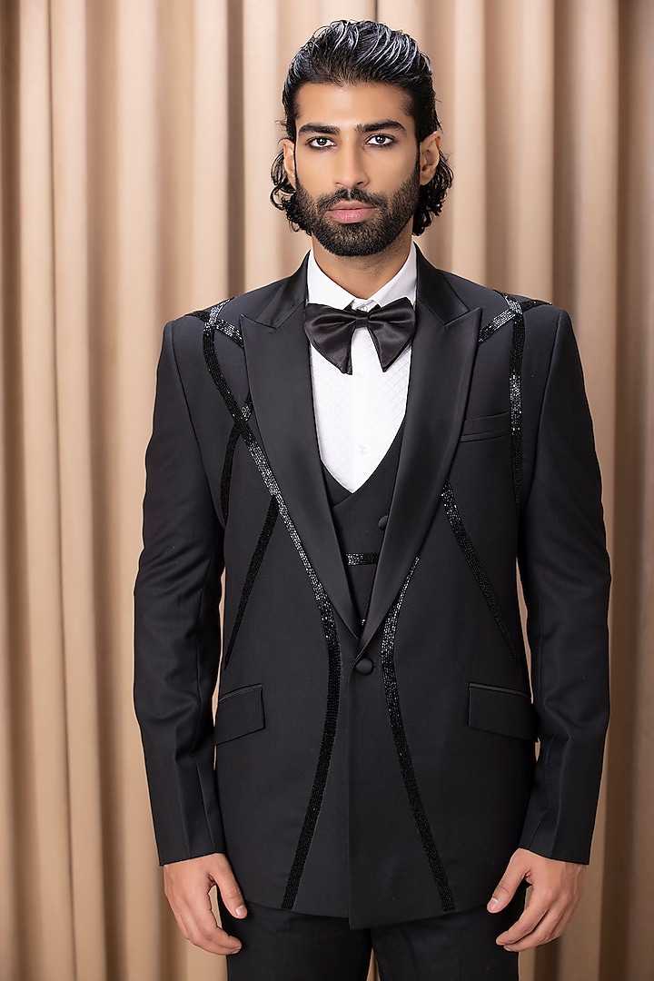 Black Hand Embroidered Tuxedo Set by Ankit V Kapoor at Pernia's Pop Up Shop