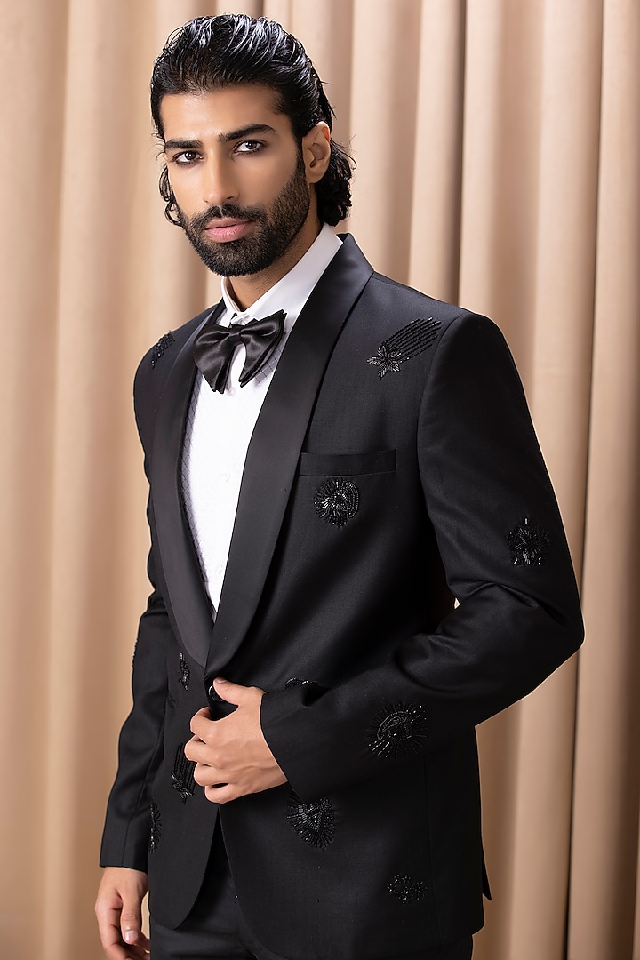 Black Tuxedo Set With Hand Embroidery by Ankit V Kapoor at Pernia's Pop Up Shop
