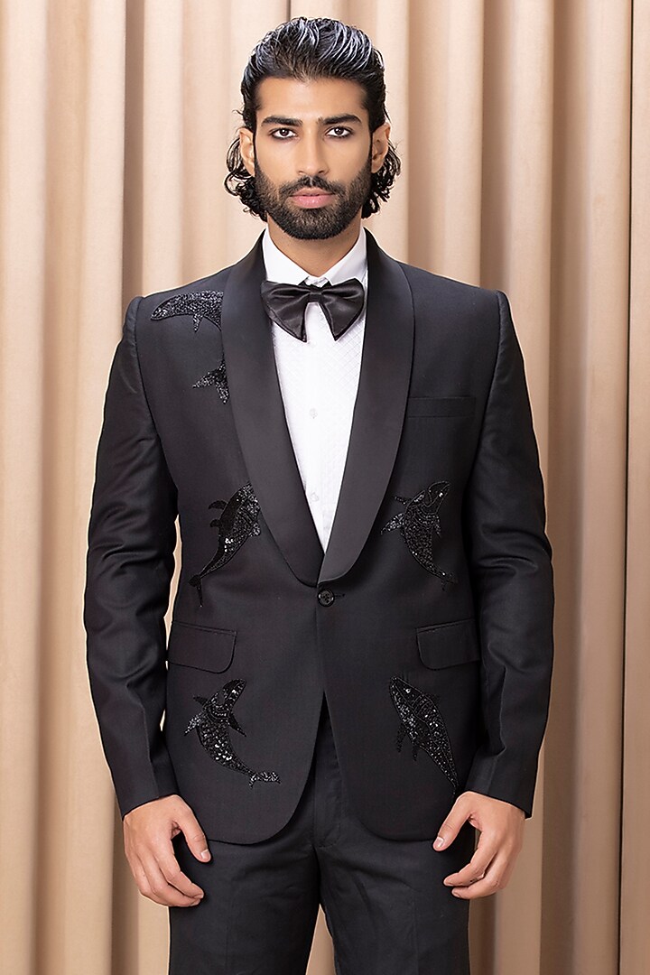 Black Hand Embroidered Tuxedo Set by Ankit V Kapoor at Pernia's Pop Up Shop