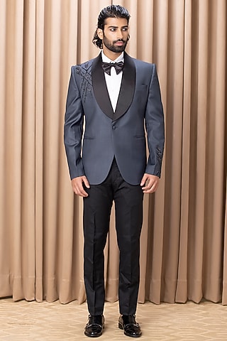 Slate Blue Hand Embroidered Tuxedo Set by Ankit V Kapoor