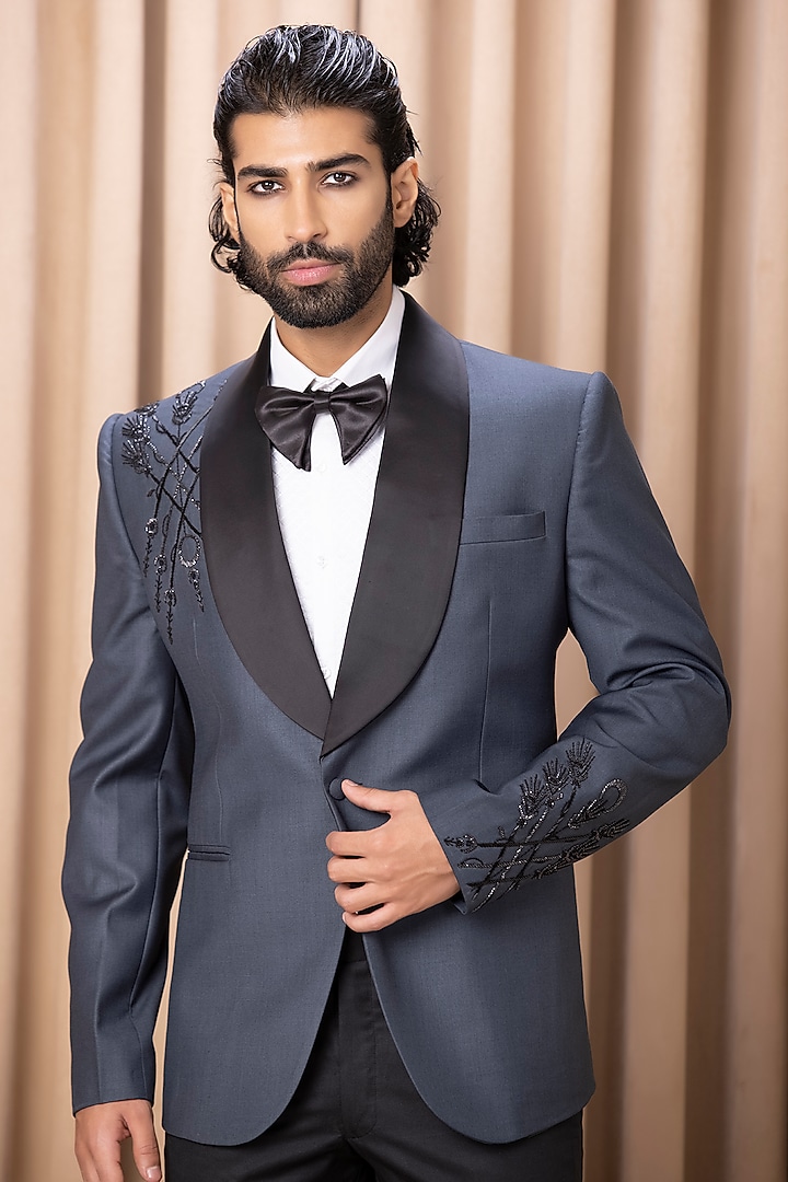 Slate Blue Hand Embroidered Tuxedo Set by Ankit V Kapoor at Pernia's Pop Up Shop
