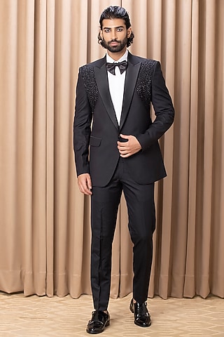 Black Hand Embroidered Tuxedo Set by Ankit V Kapoor